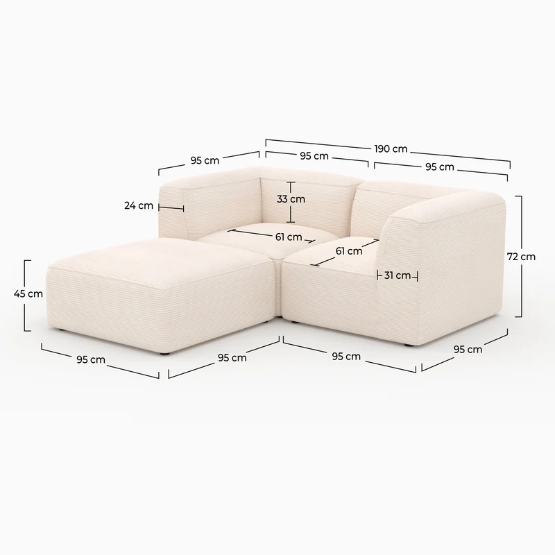 Canapé modulable Mina en velours blanc 2 places avec pouf