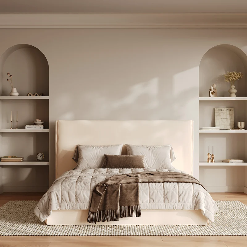 Lit coffre 160x200 cm Safia en tissu blanc déhoussable