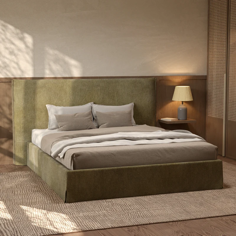 Lit coffre 160x200 cm Safia en tissu vert olive déhoussable