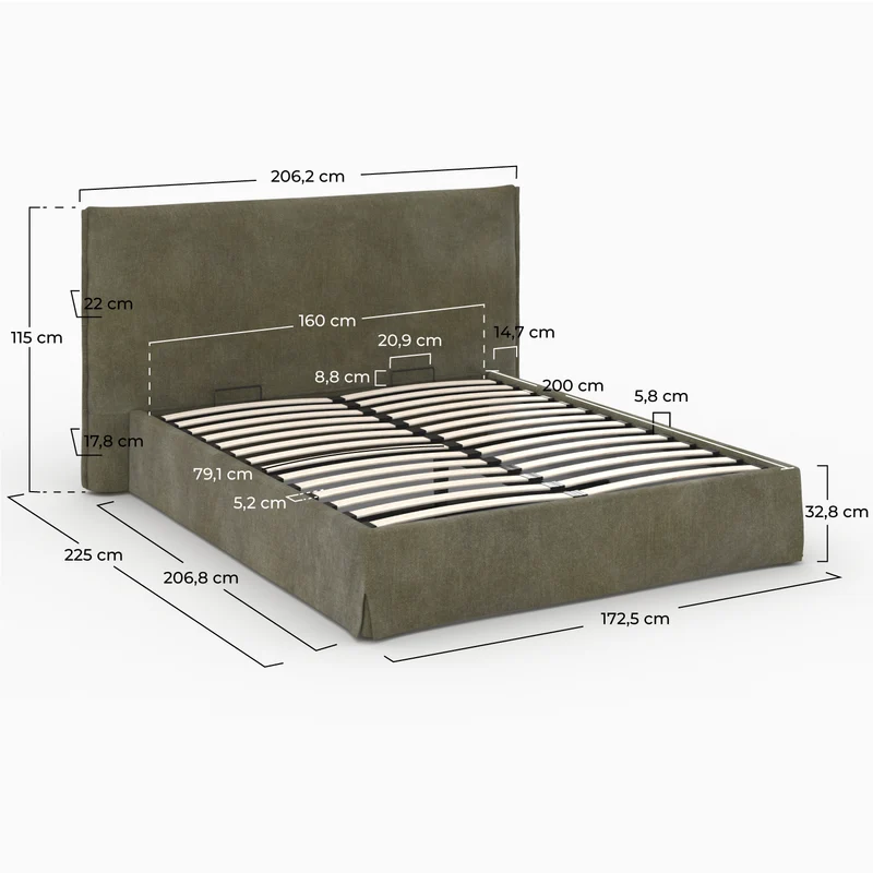 Lit coffre 160x200 cm Safia en tissu vert olive déhoussable