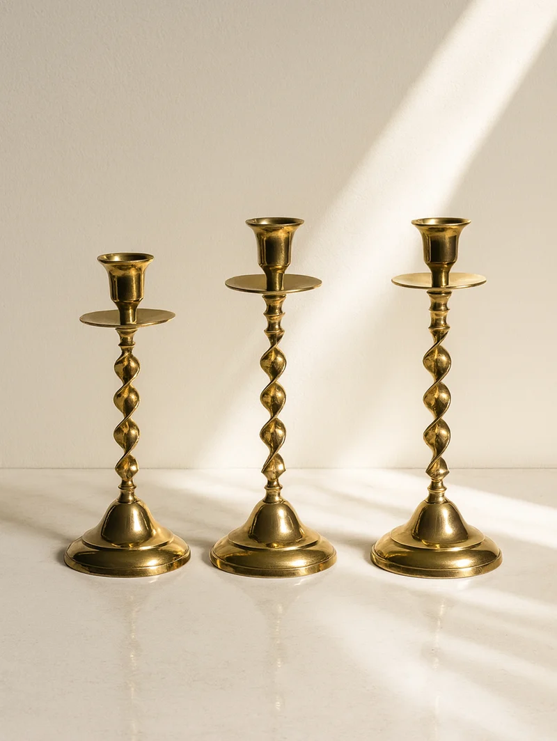 3 Candleholders Made of Polished Brass