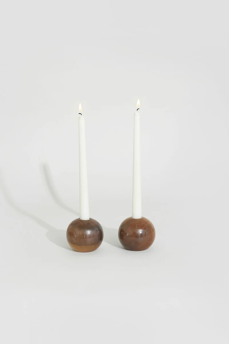 Spherical Wood Candleholder Set