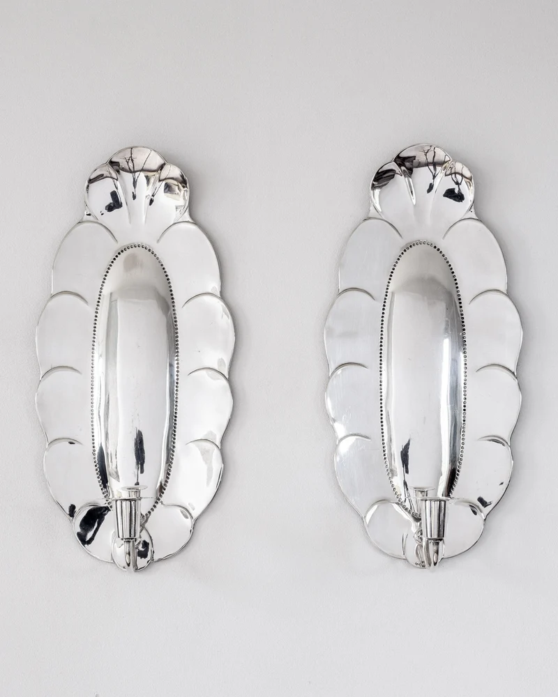 Scalloped Shell Silver Wall Candle Sconces, 1930s