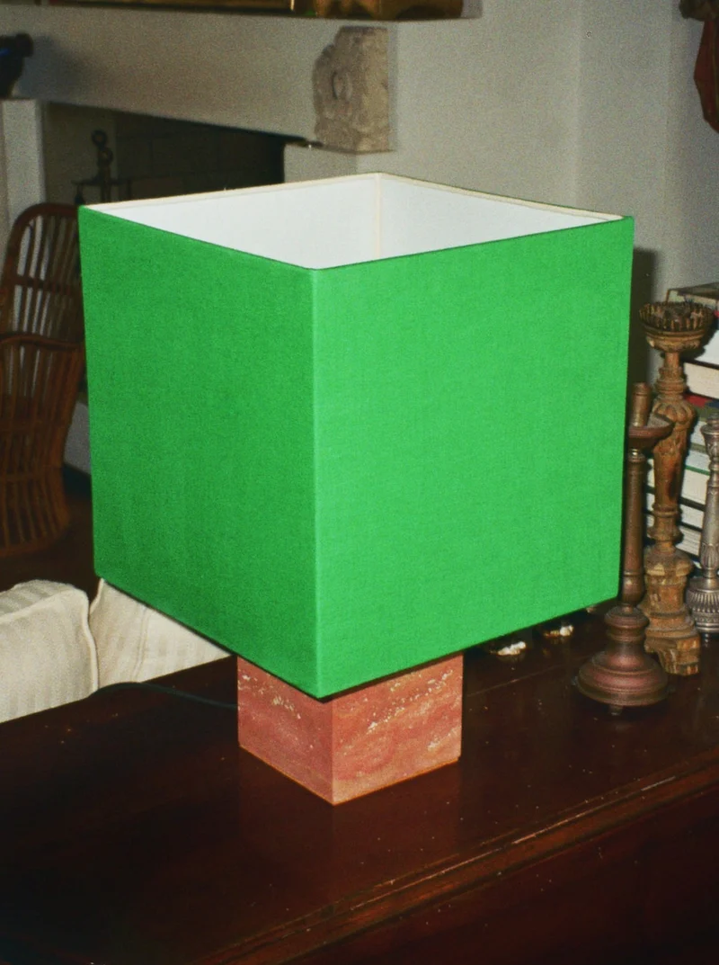 Roma I Table Lamp Red Travertine Green Linen, Limited Edition