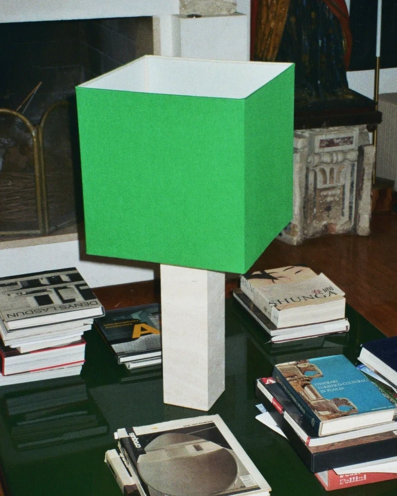 Roma I Table Lamp Squared White Travertine, Green Linen Limited Edition