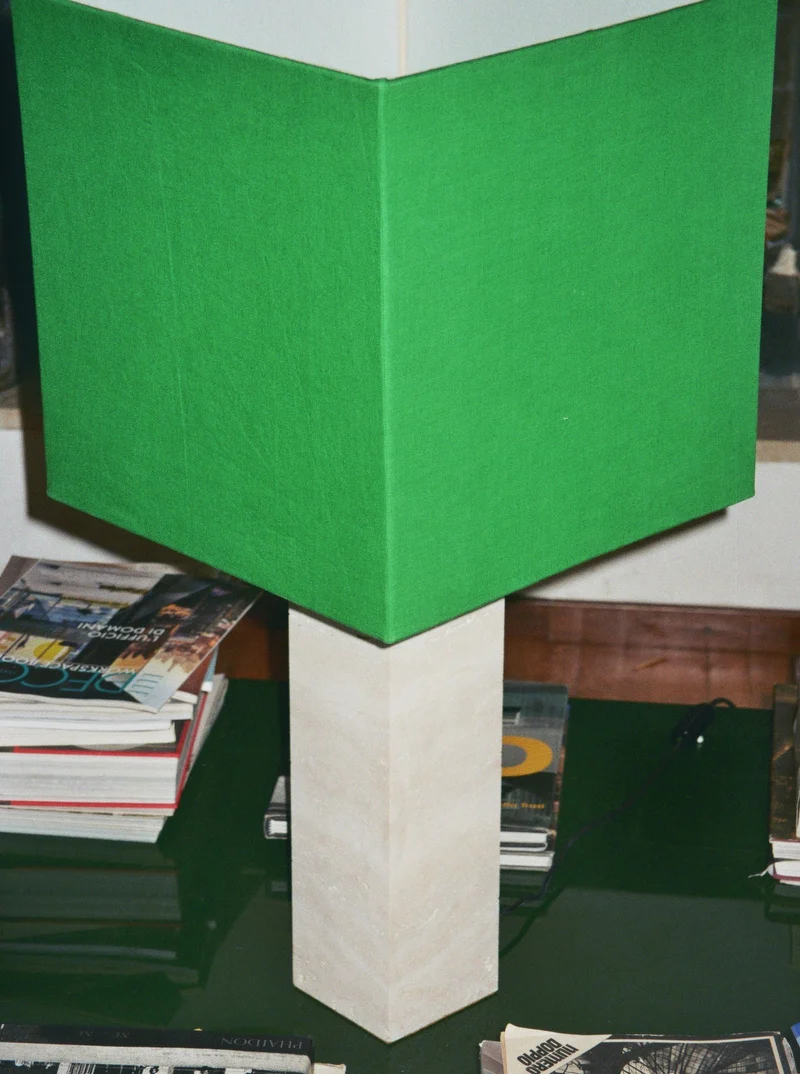 Roma I Table Lamp Squared White Travertine, Green Linen Limited Edition