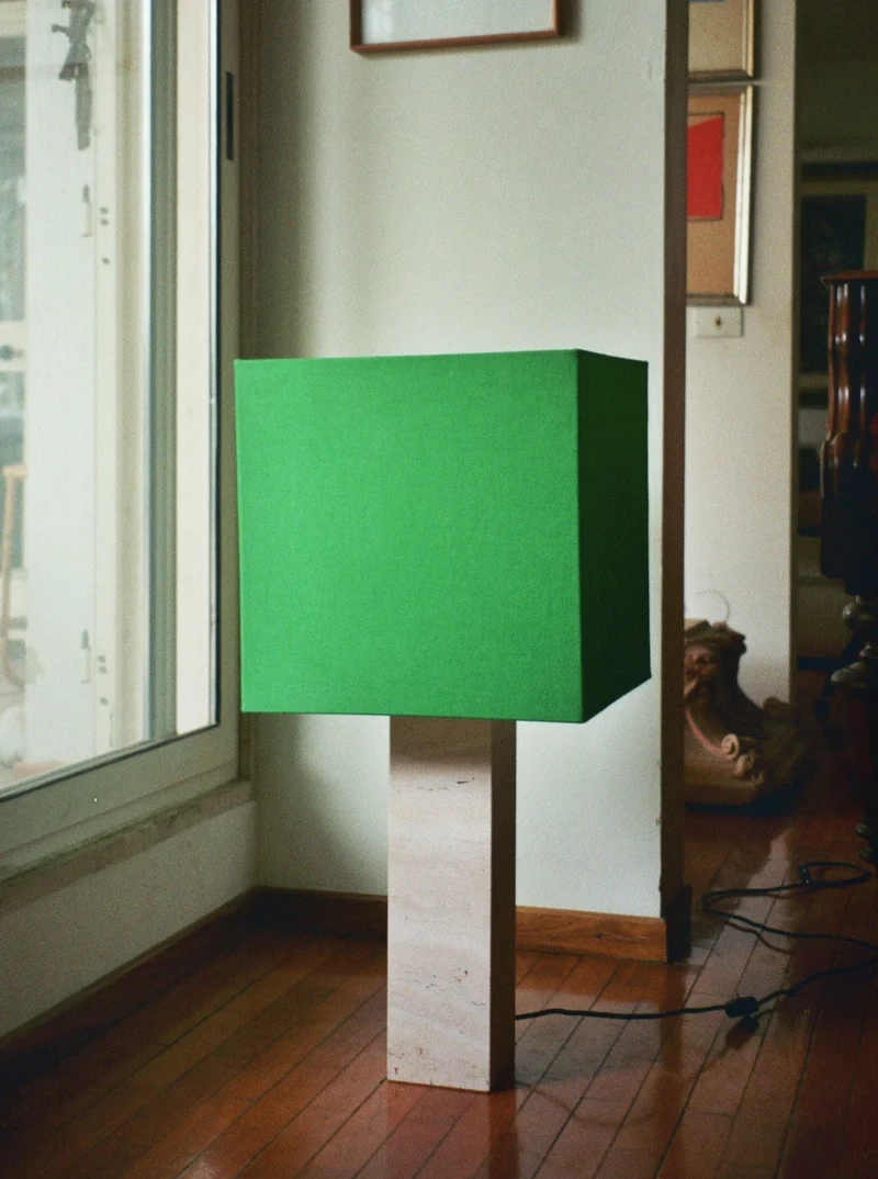 Roma I Table Lamp Squared White Travertine, Green Linen Limited Edition