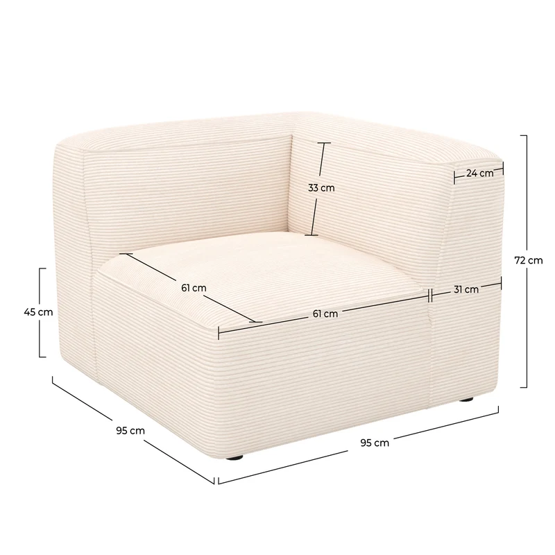 Angle droit Mina pour canapé modulable en velours blanc cassé