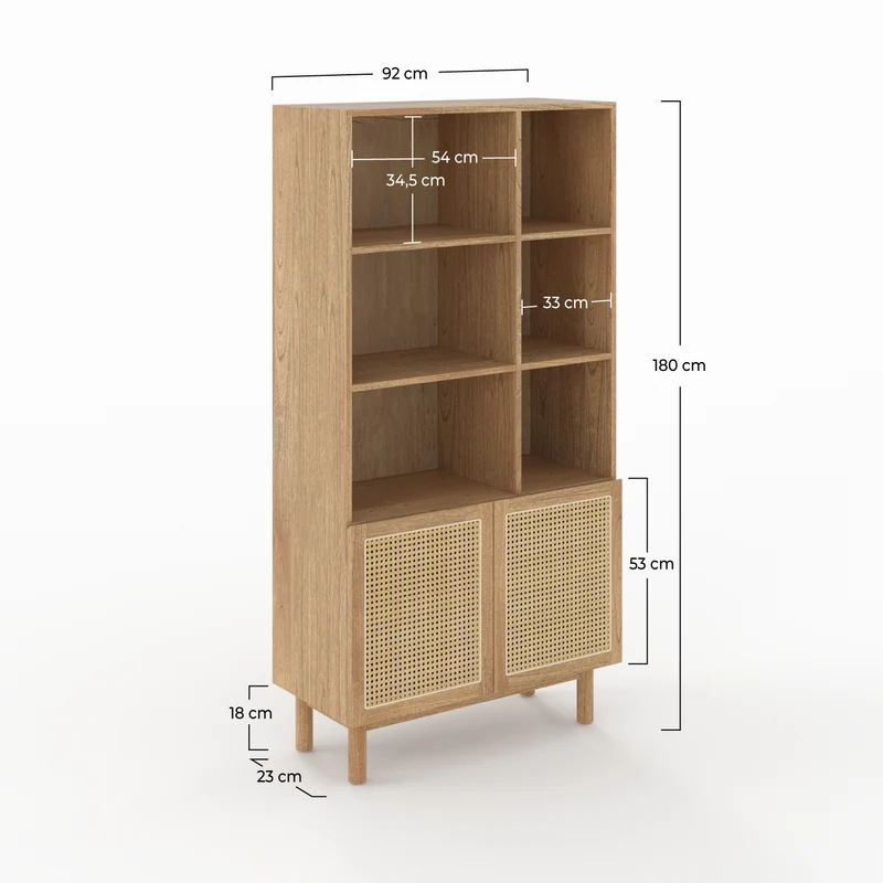 Bibliothèque Delya en bois massif de mindi et rotin