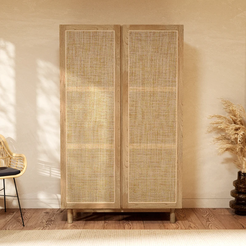 Armoire Delya en bois massif de mindi et rotin