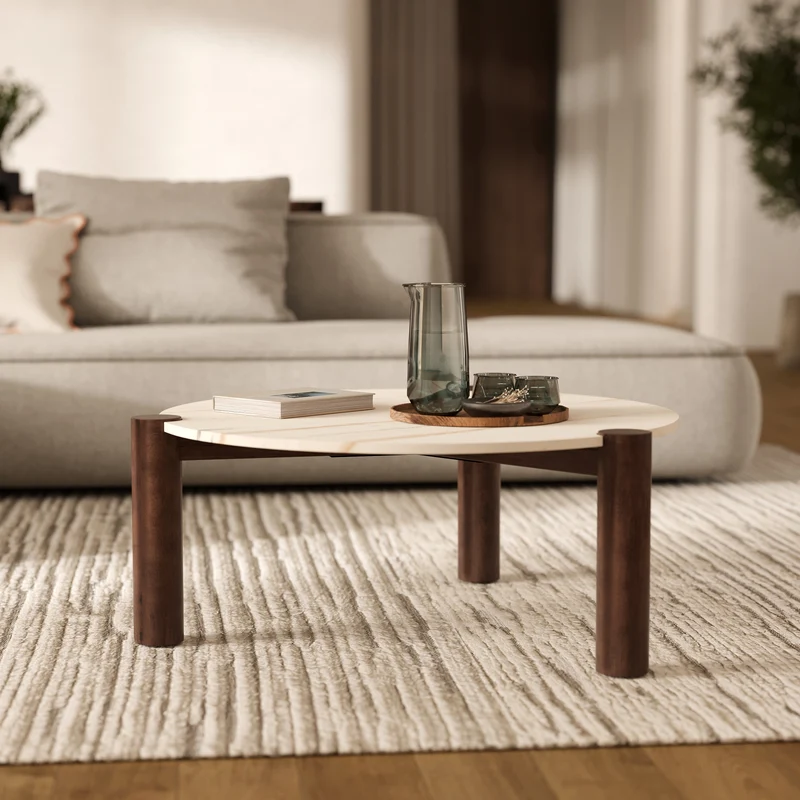 Table basse ronde Pauline en marbre et bois de manguier D86 cm