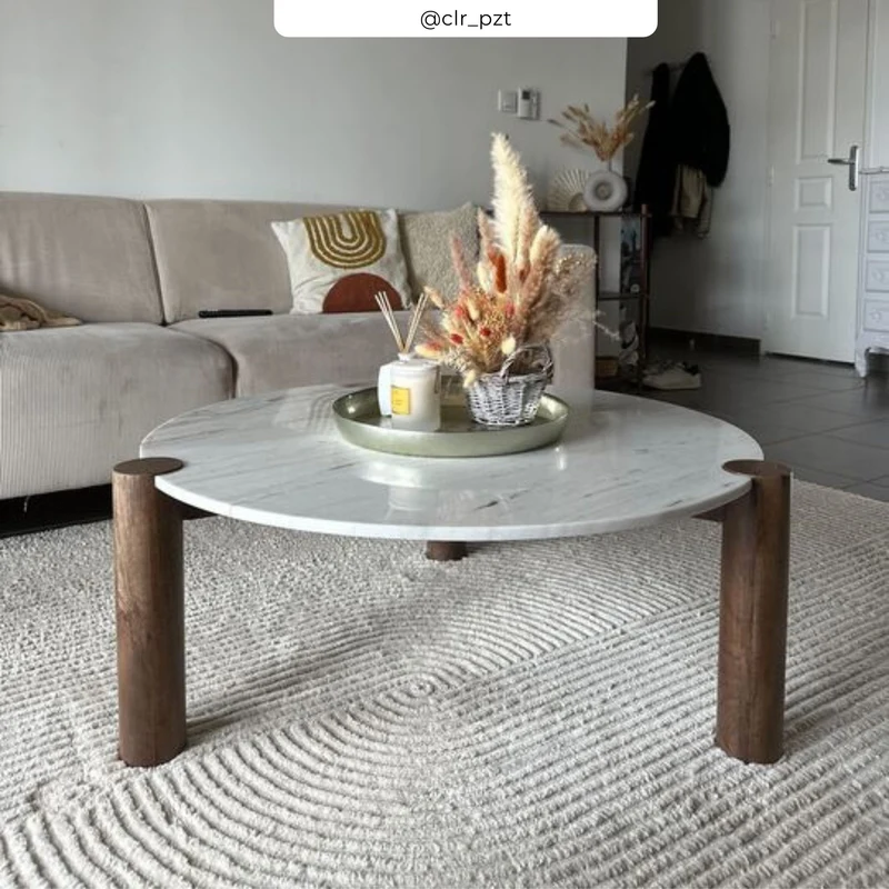 Table basse ronde Pauline en marbre et bois de manguier D86 cm