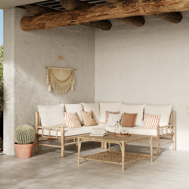 Salon de jardin Vadella 5 personnes en bambou, table basse carrée