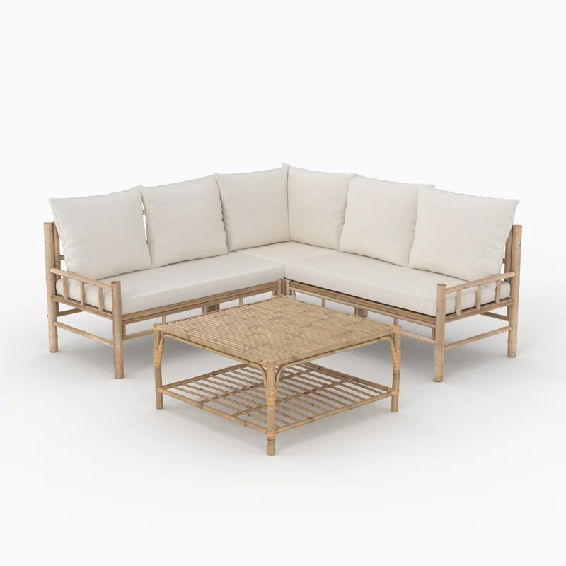 Salon de jardin Vadella 5 personnes en bambou, table basse carrée