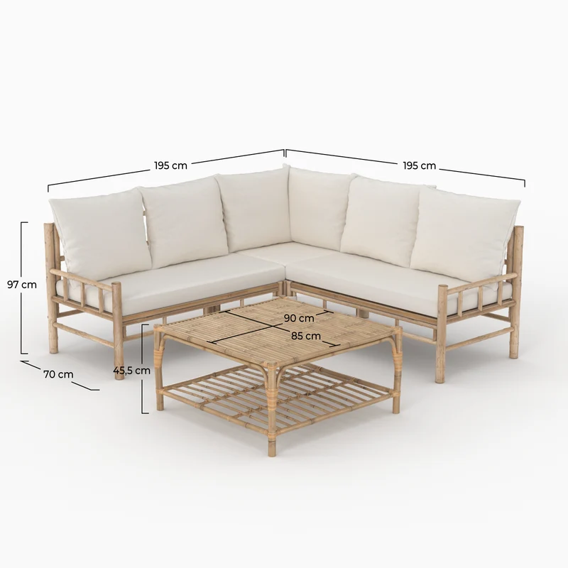 Salon de jardin Vadella 5 personnes en bambou, table basse carrée
