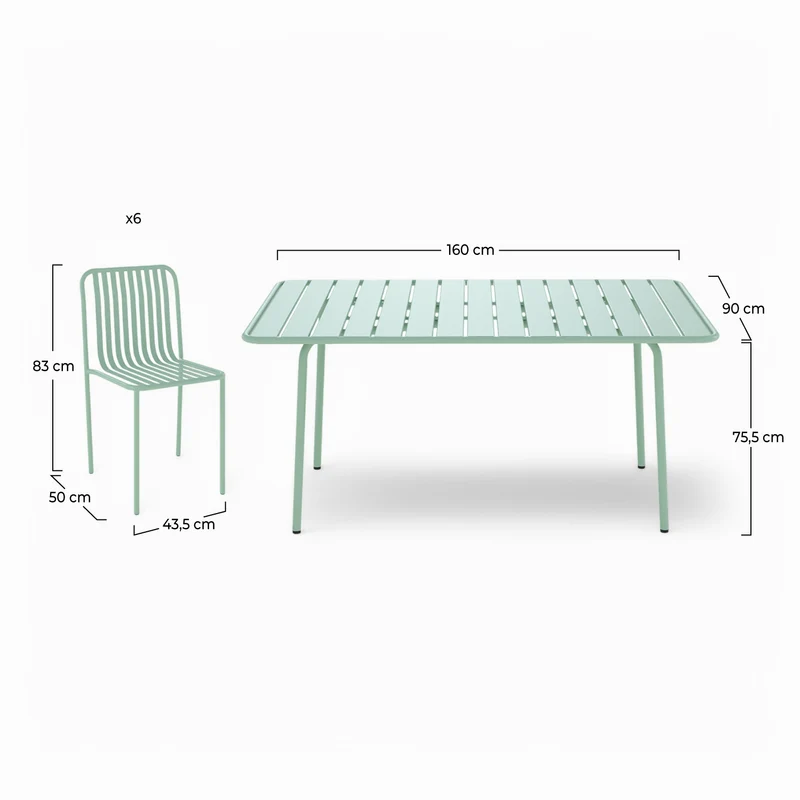 Table et chaises de jardin Yumi 6 personnes en métal vert