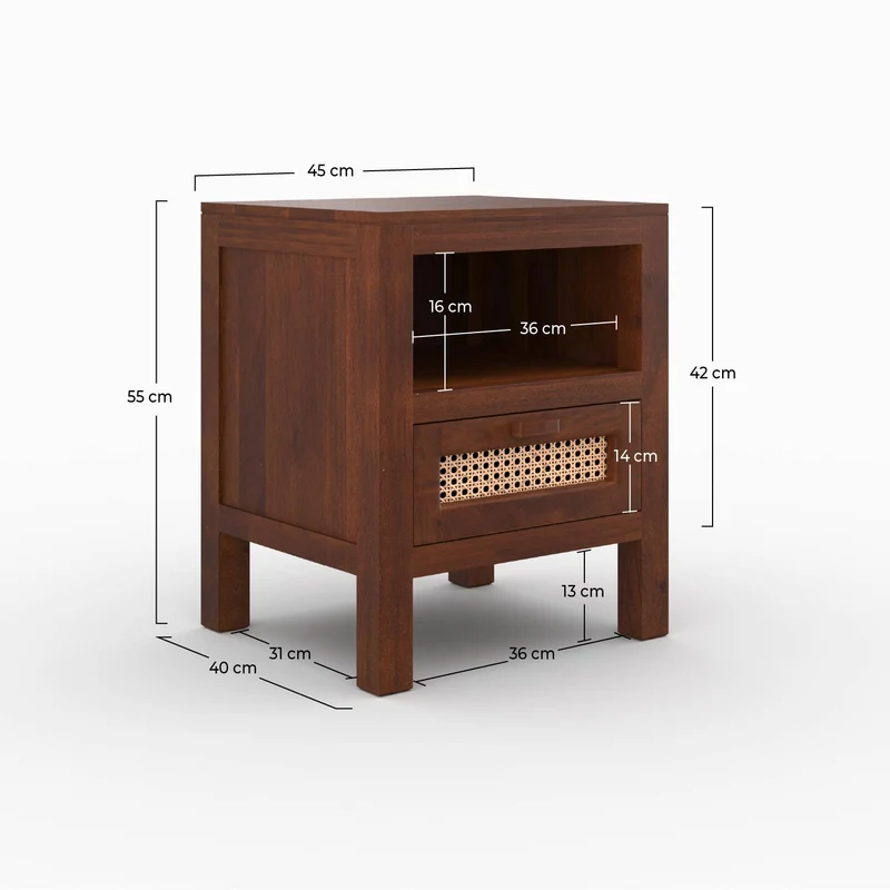 Table de chevet Tiki en bois de manguier et cannage