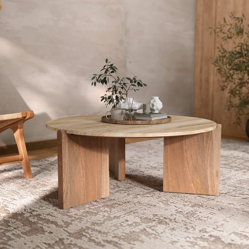 Table basse Sierra en travertin et bois D85 cm