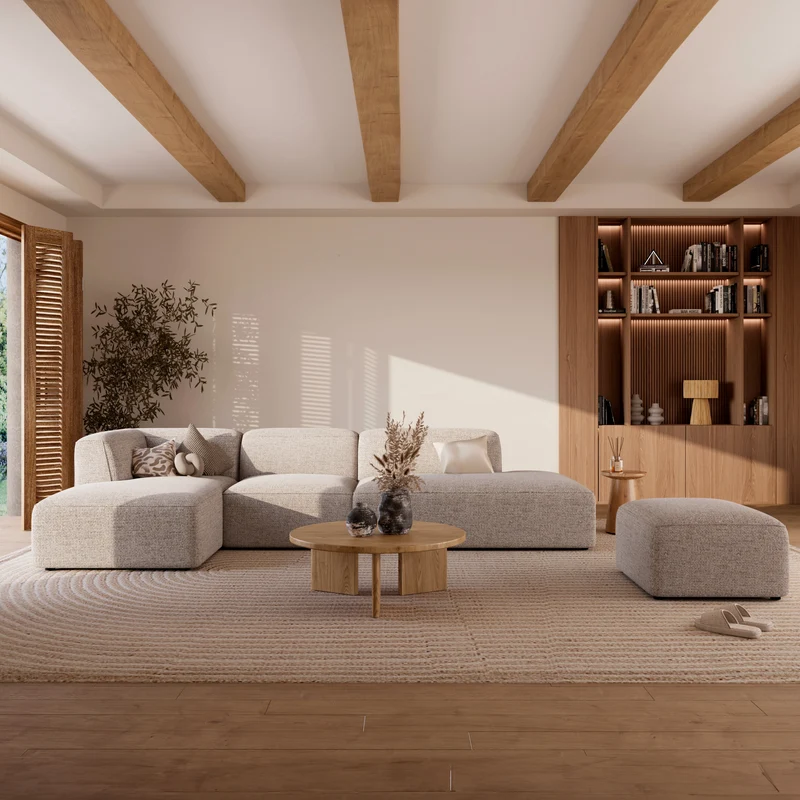Méridienne d'angle à gauche Hestia pour canapé modulable en tissu beige
