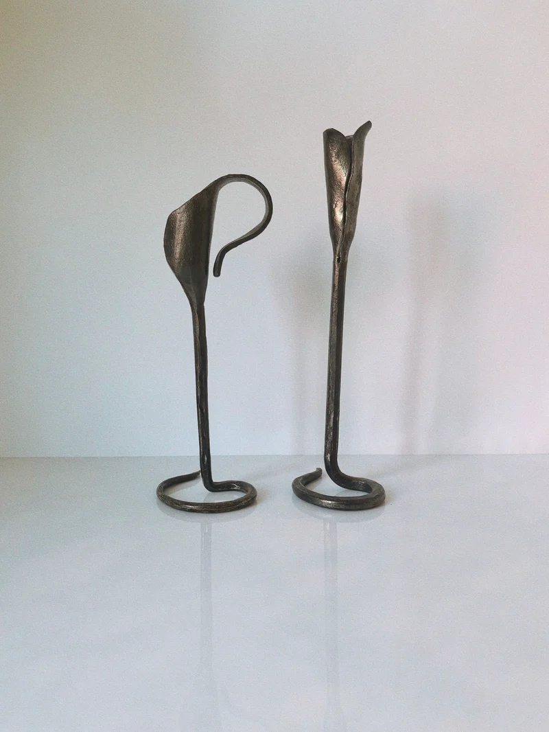 Pair of Forged Steel Artisan Candleholders, Poland