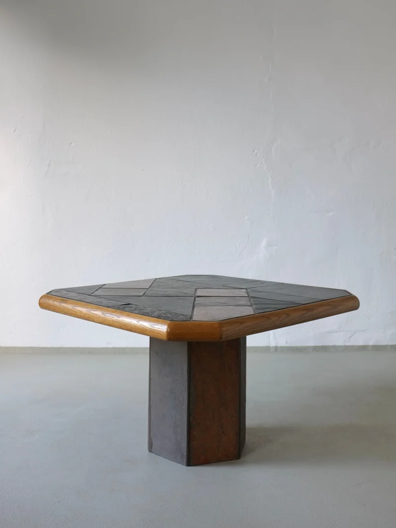 Brutalist Stone Oak Square Coffee Table | 1970s