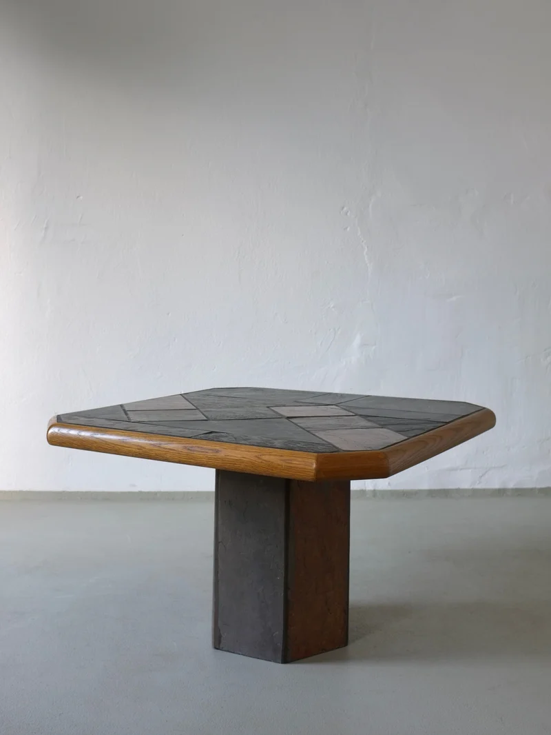 Brutalist Stone Oak Square Coffee Table | 1970s