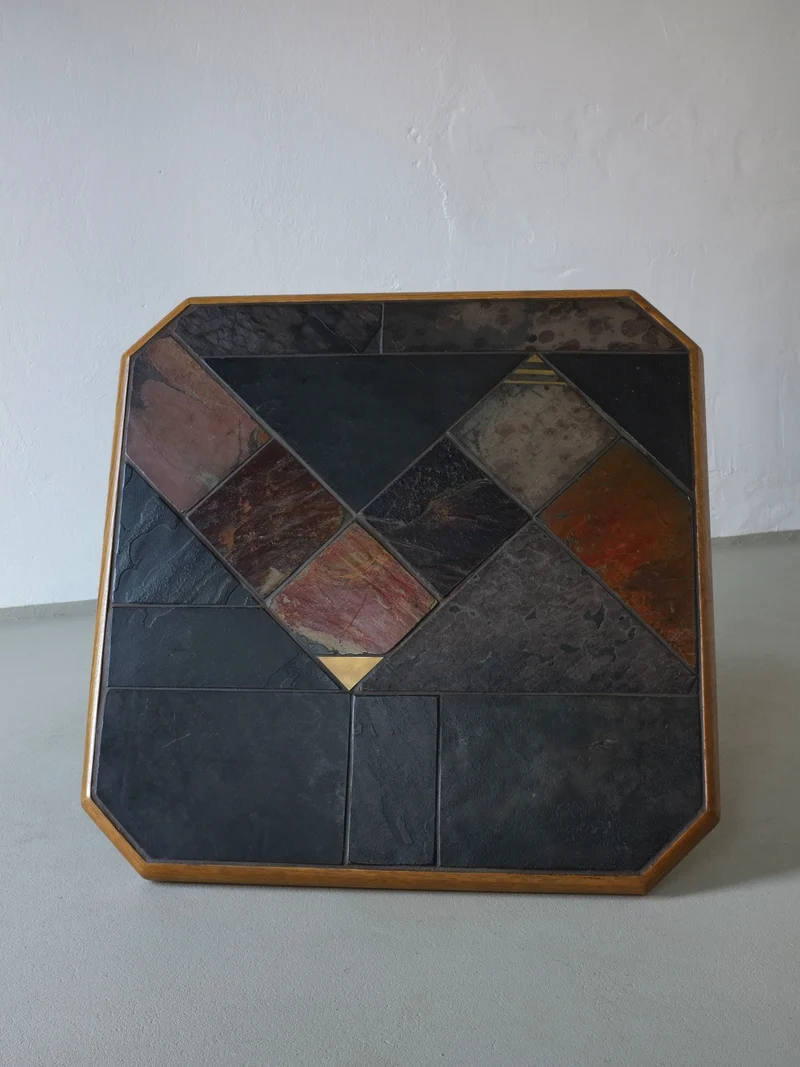 Brutalist Stone Oak Square Coffee Table | 1970s