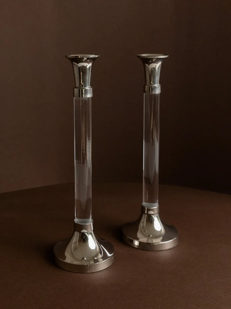 2 Vintage Candlesticks acrylic glass and chrome 1970s