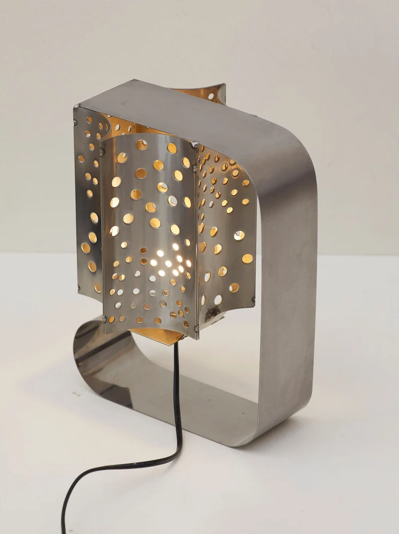 One of a Kind French Artisanal Stainless Steel Table Lamp Vintage Circa 1970