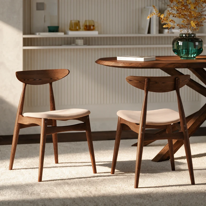 Lot de 2 chaises Josette en tissu beige et bois foncé d'hévéa