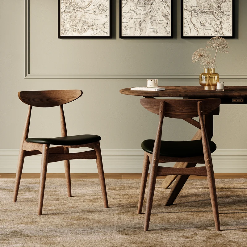 Lot de 2 chaises Josette en cuir synthétique noir et bois d'hévéa