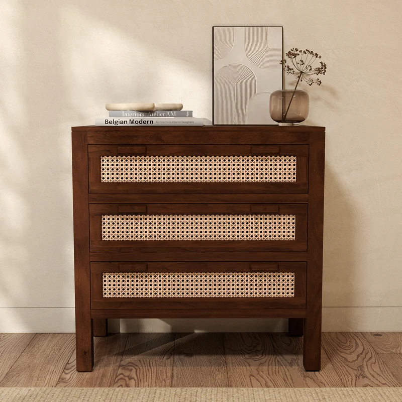Commode Tiki en bois de manguier et cannage