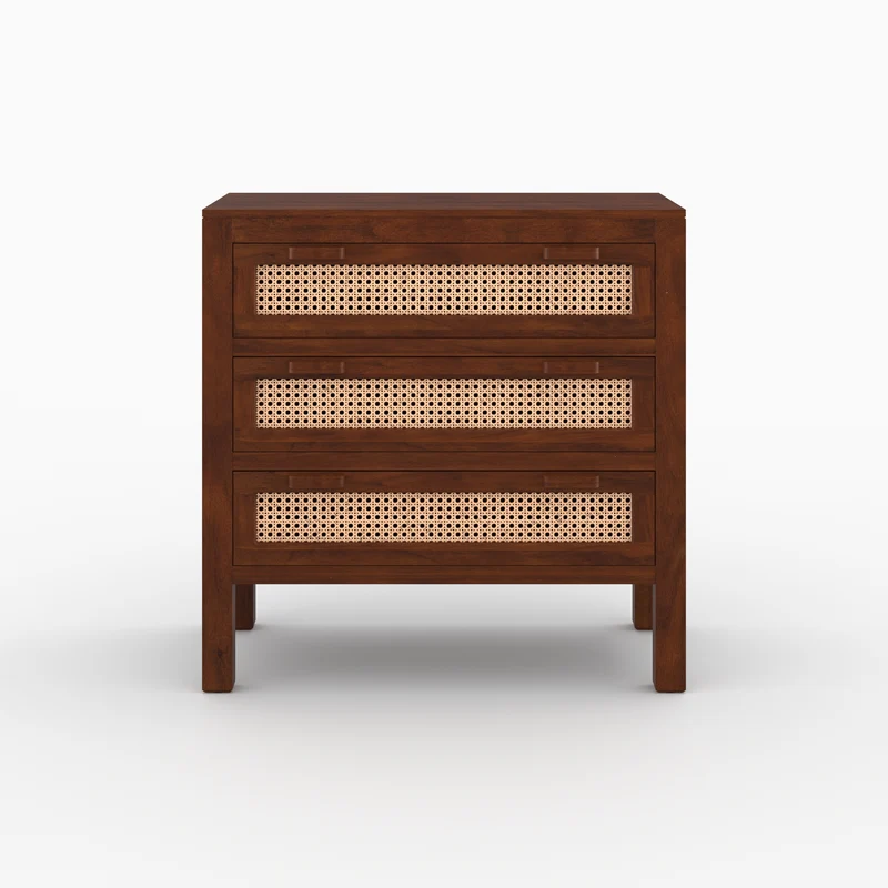 Commode Tiki en bois de manguier et cannage
