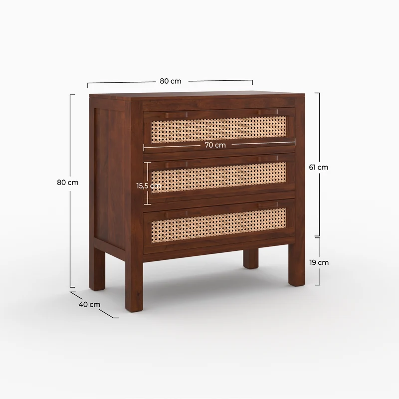 Commode Tiki en bois de manguier et cannage