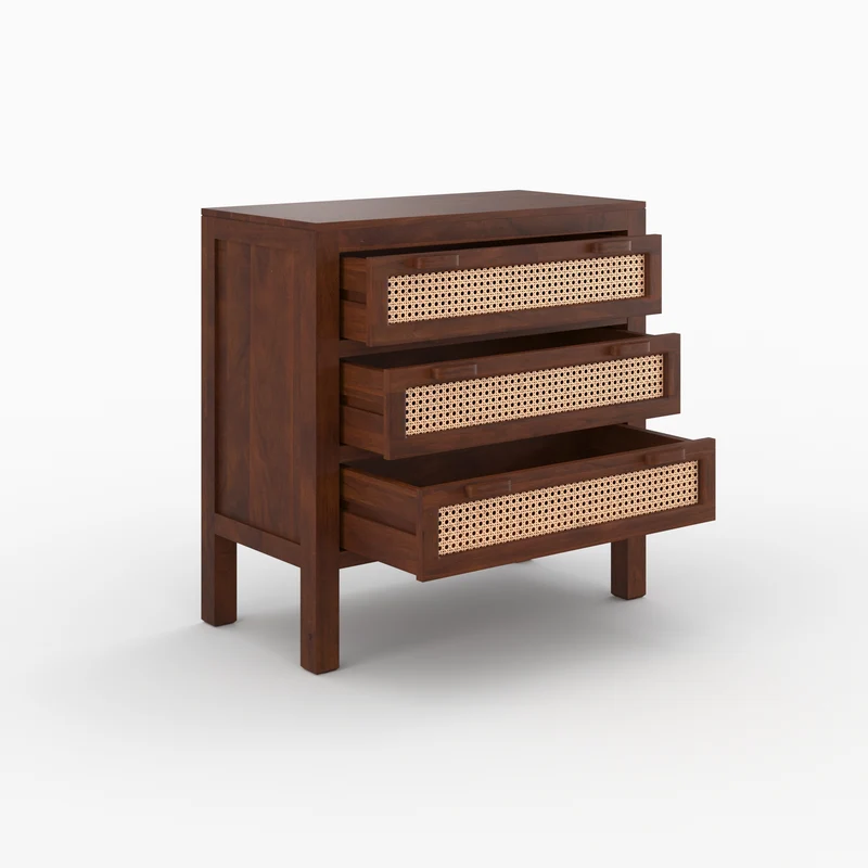 Commode Tiki en bois de manguier et cannage