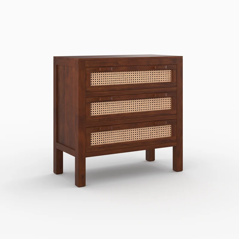 Commode Tiki en bois de manguier et cannage