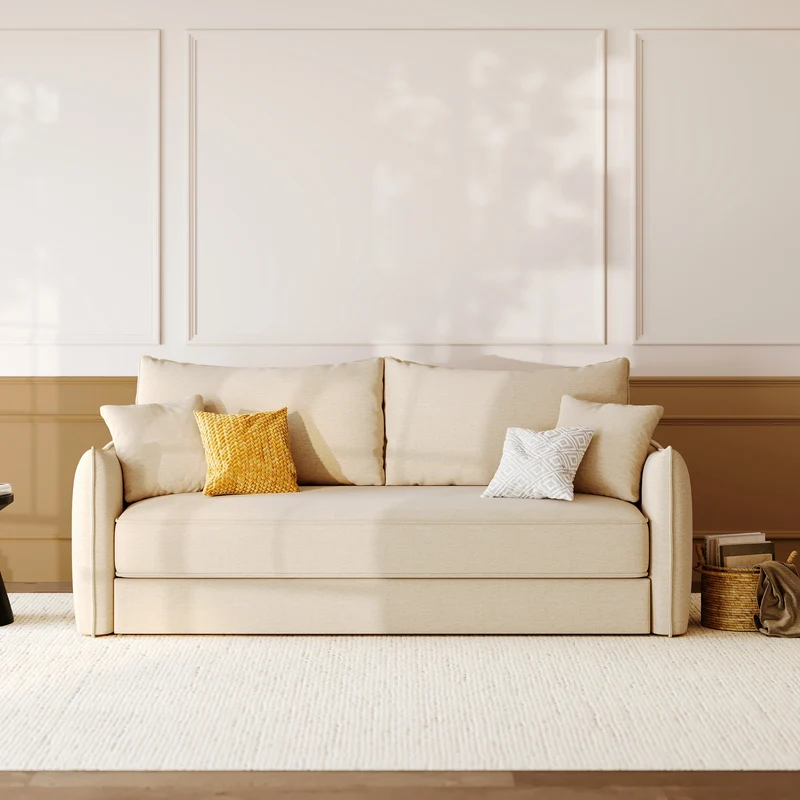 Canapé convertible 3 places Céleste en tissu effet lin blanc cassé