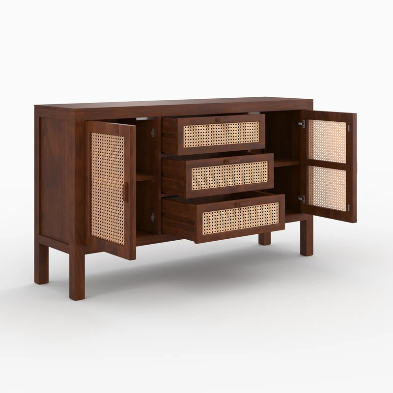 Buffet Tiki en bois de manguier et cannage
