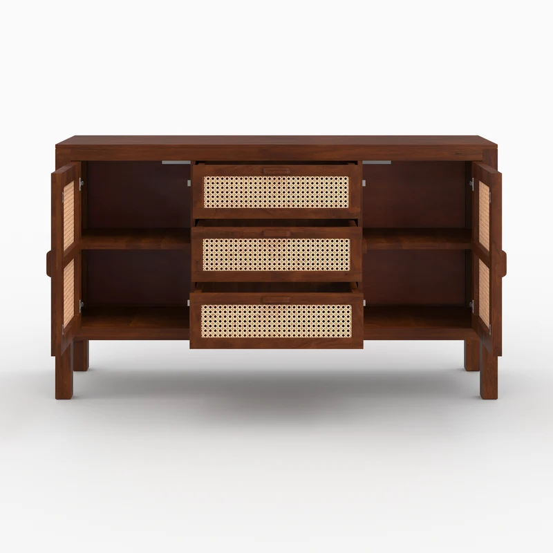 Buffet Tiki en bois de manguier et cannage