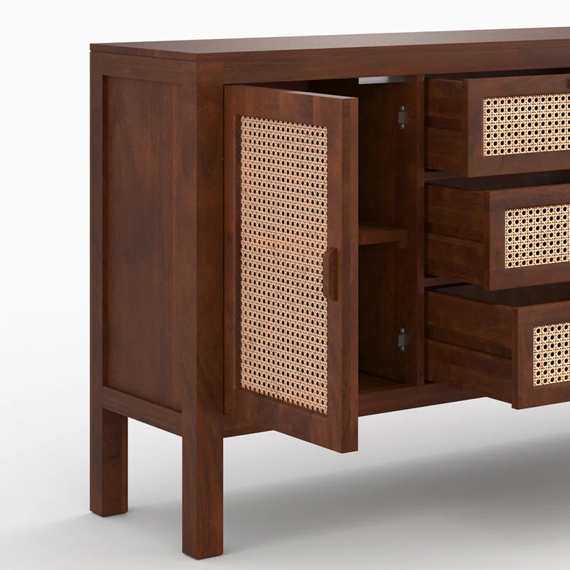 Buffet Tiki en bois de manguier et cannage