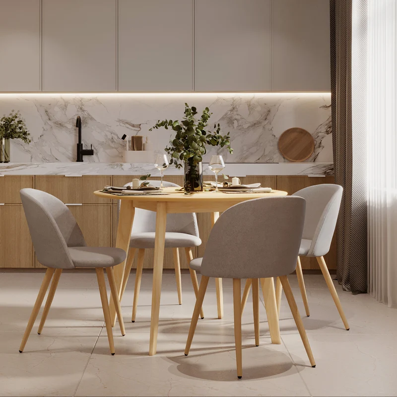 Table et chaises Réno 4 personnes en tissu taupe et bois