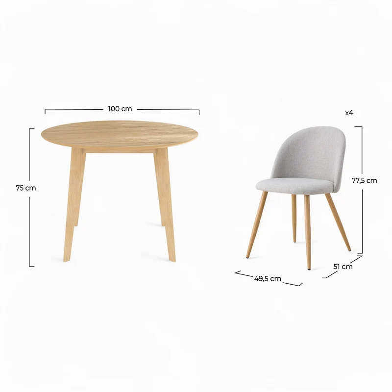 Table et chaises Réno 4 personnes en tissu taupe et bois