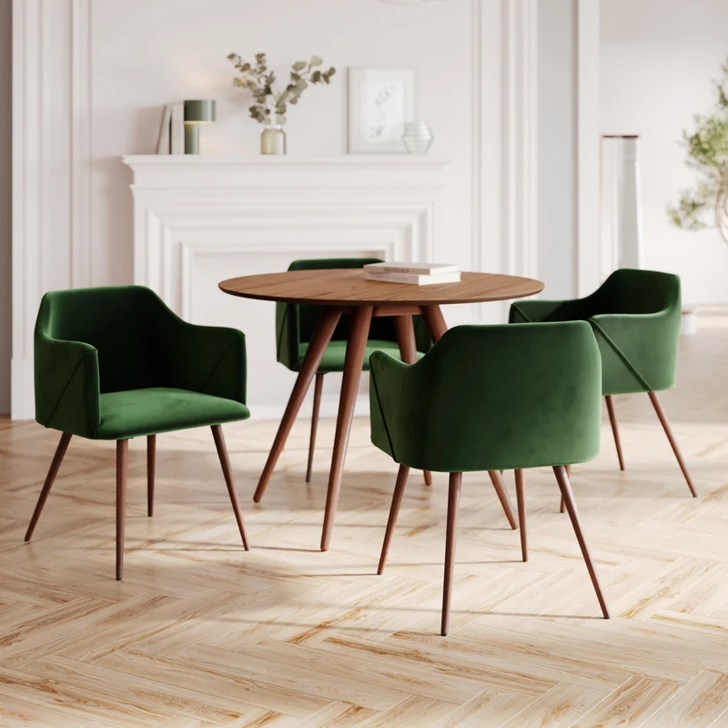 Table et chaises Liwa 4 personnes en velours vert et bois