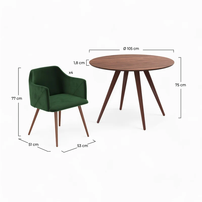 Table et chaises Liwa 4 personnes en velours vert et bois
