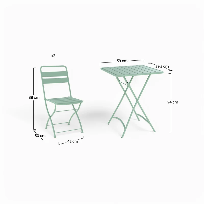 Table et chaises de jardin Yumi 2 personnes en métal vert