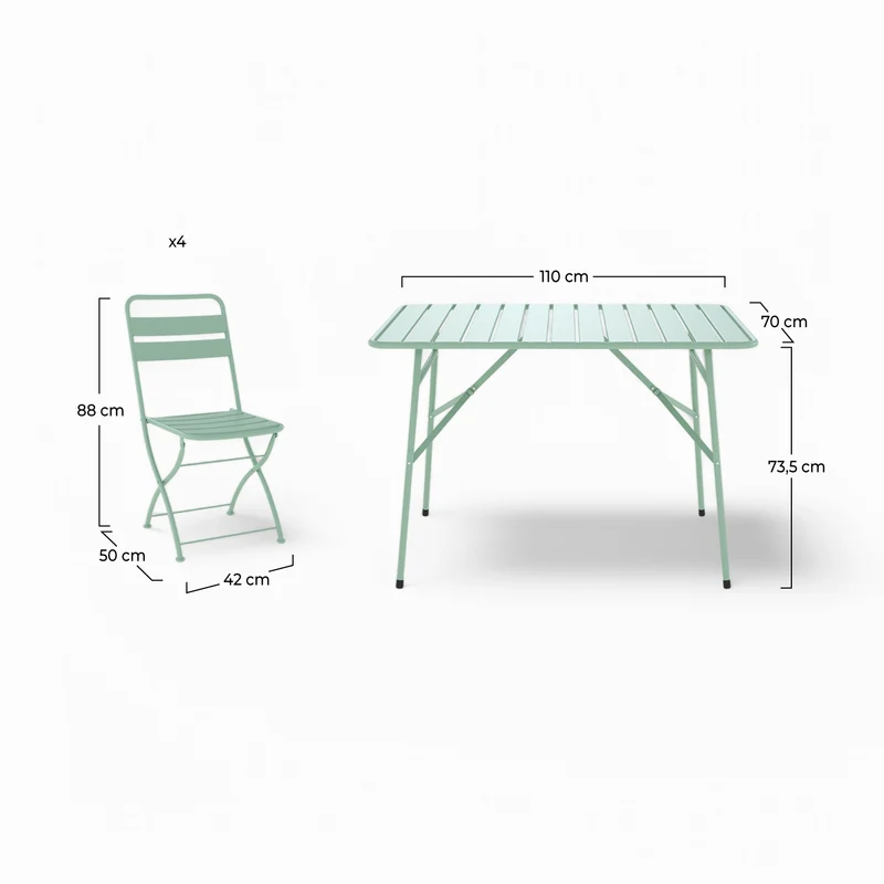 Table et chaises de jardin pliantes Yumi 4 personnes en métal vert