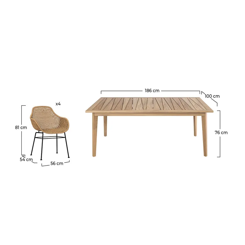 Table et chaises de jardin Carmela 8 personnes en bois de teck et résine