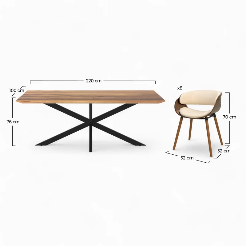 Table et chaises 8 personnes Surdiman en cuir synthétique beige et bois