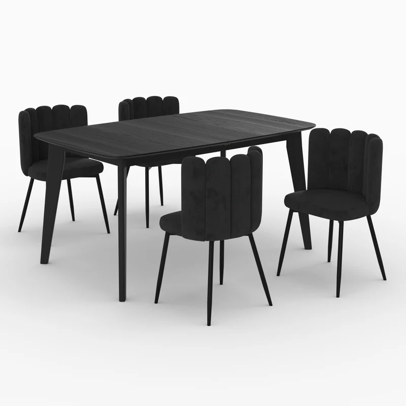 Table et chaises 4 personnes Oman en velours et bois noir