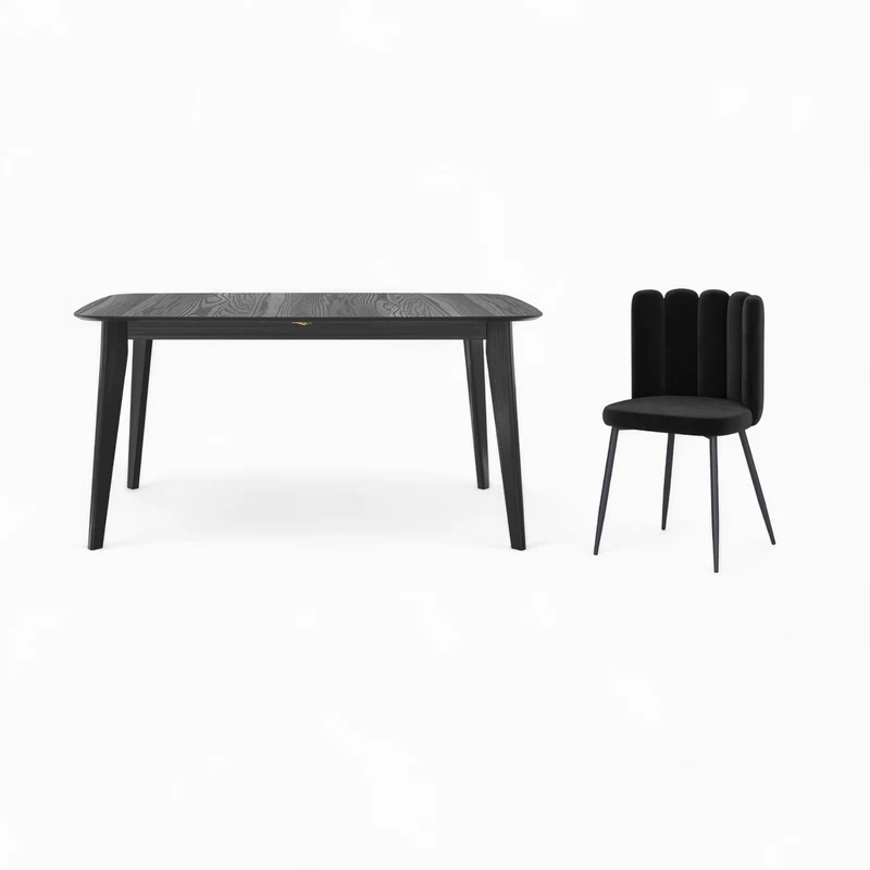 Table et chaises 4 personnes Oman en velours et bois noir